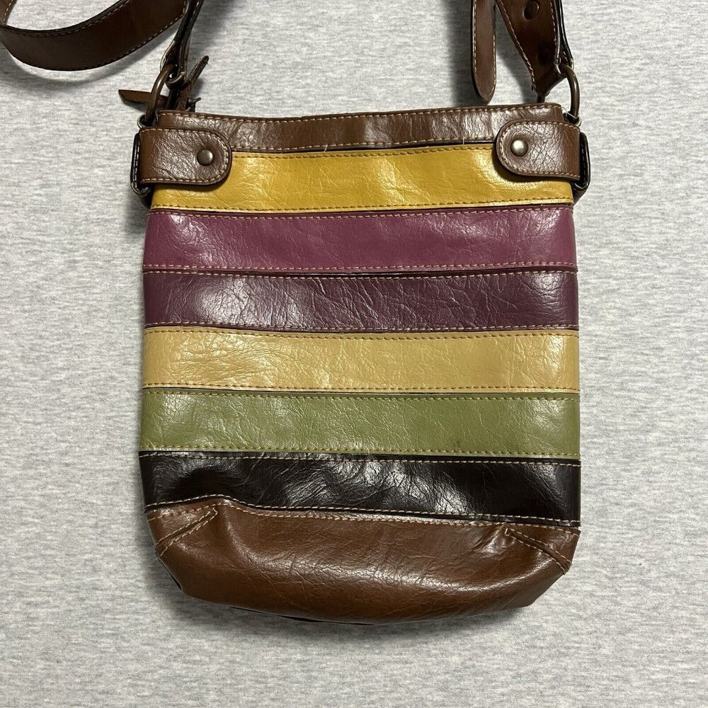 VTG Axcess Satchel Bag Rainbow Earth Tones Patchwork Boho PVC Crossbody Vegan - Picture 3 of 12
